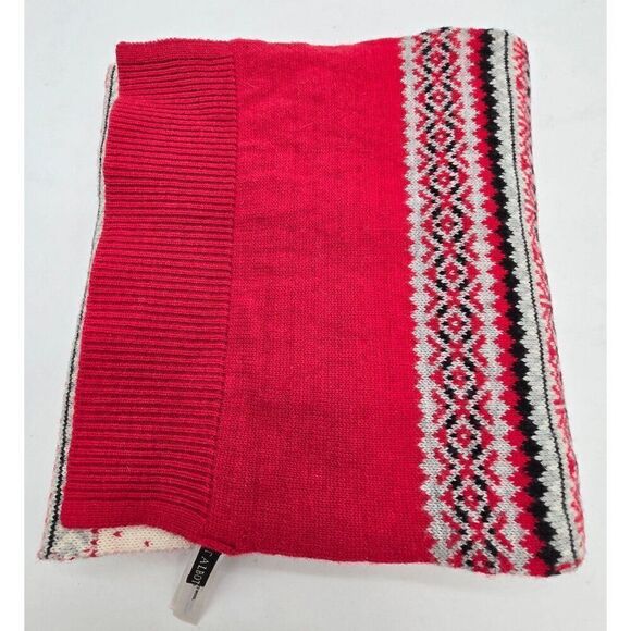 Talbots Womens Fair Isle Knit Scarf Red Ivory 70% Nylon 30% Lambs Wool Warm Soft - Picture 5 of 6